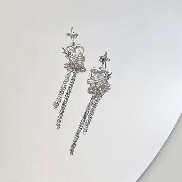 Silver Celestial Planet Heart Drop Earrings w/ Star & Chain Dangle - Picture 2 of 2